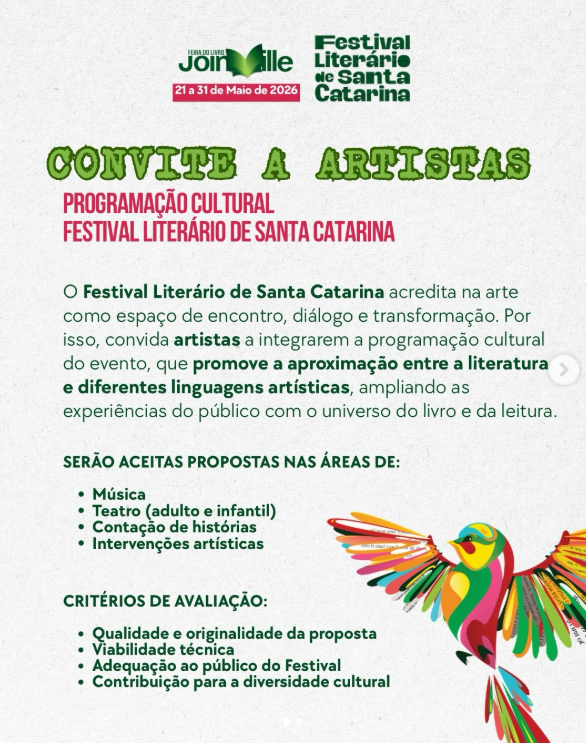 O Festival Literário de Santa Catarina convida artistas a integrarem sua programação cultural