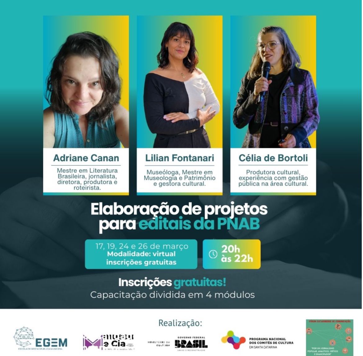 Abertas as inscrições gratuitas para a oficina de elaboração de projetos para editais da PNAB SC